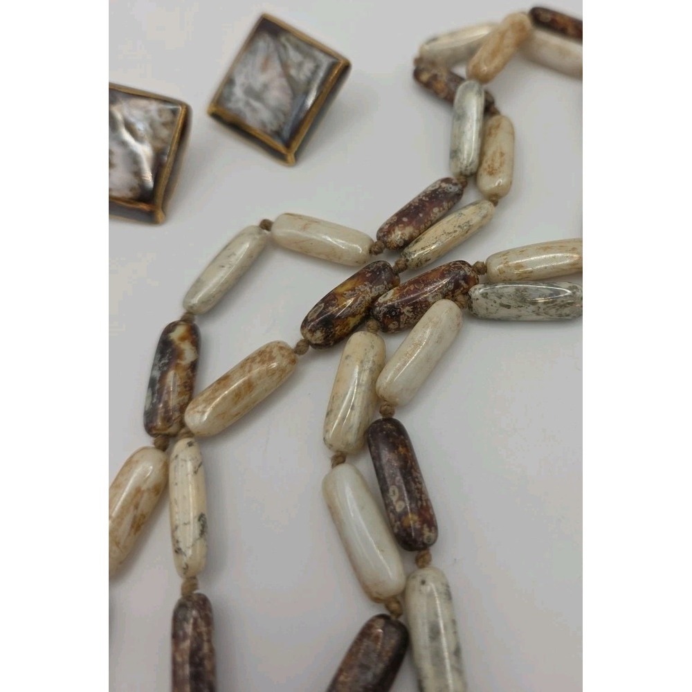Vintage Ceramic Marbled Glass Cylinder Hand Knotted Long Beaded Necklace Earring